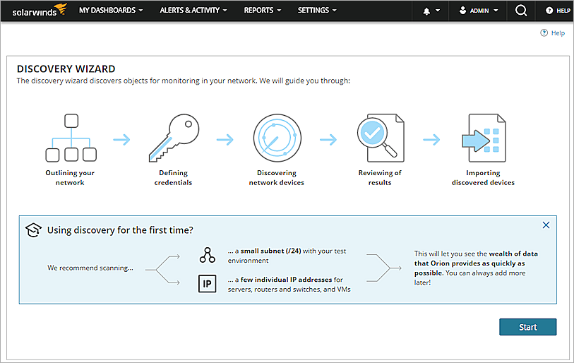 Screen shot of the Network Discovery wizard in SolarWinds